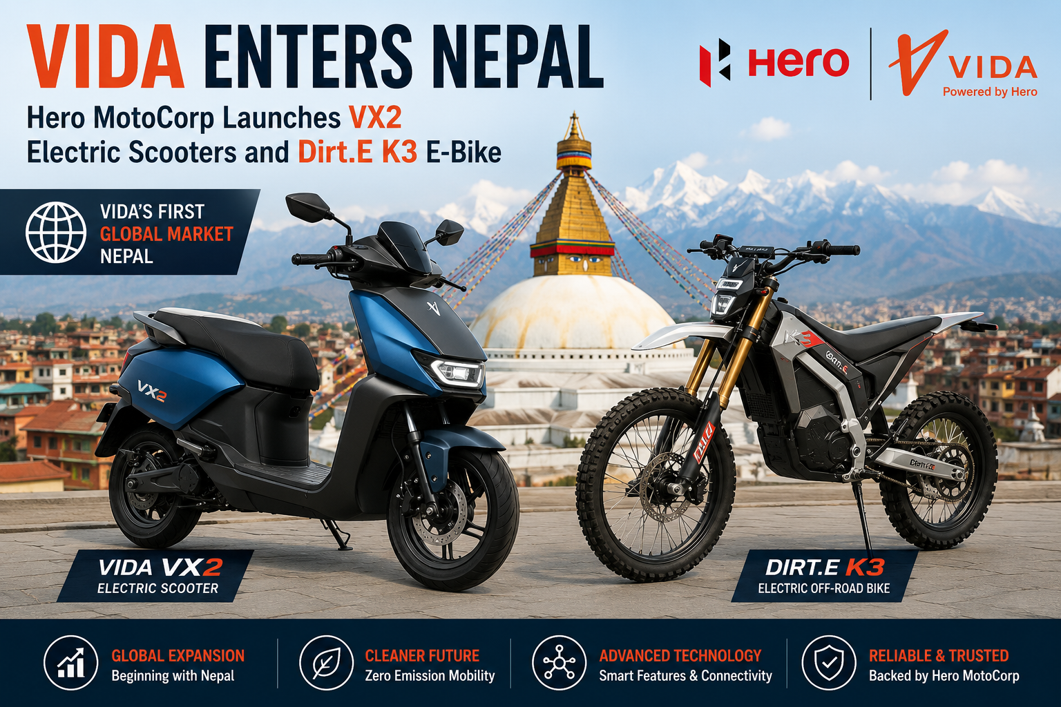 Vida Enters Nepal: Hero MotoCorp Launches VX2 Electric Scooters and Dirt.E K3 E-Bike